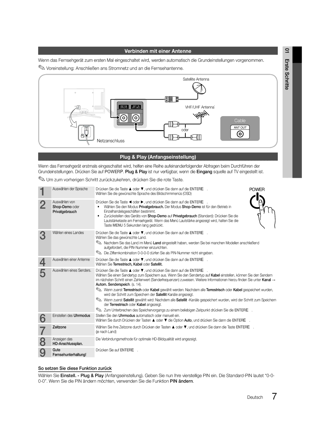 Samsung UE40C6880USXZG, UE32C6880USXZG manual Verbinden mit einer Antenne, Plug & Play Anfangseinstellung, Netzanschluss 