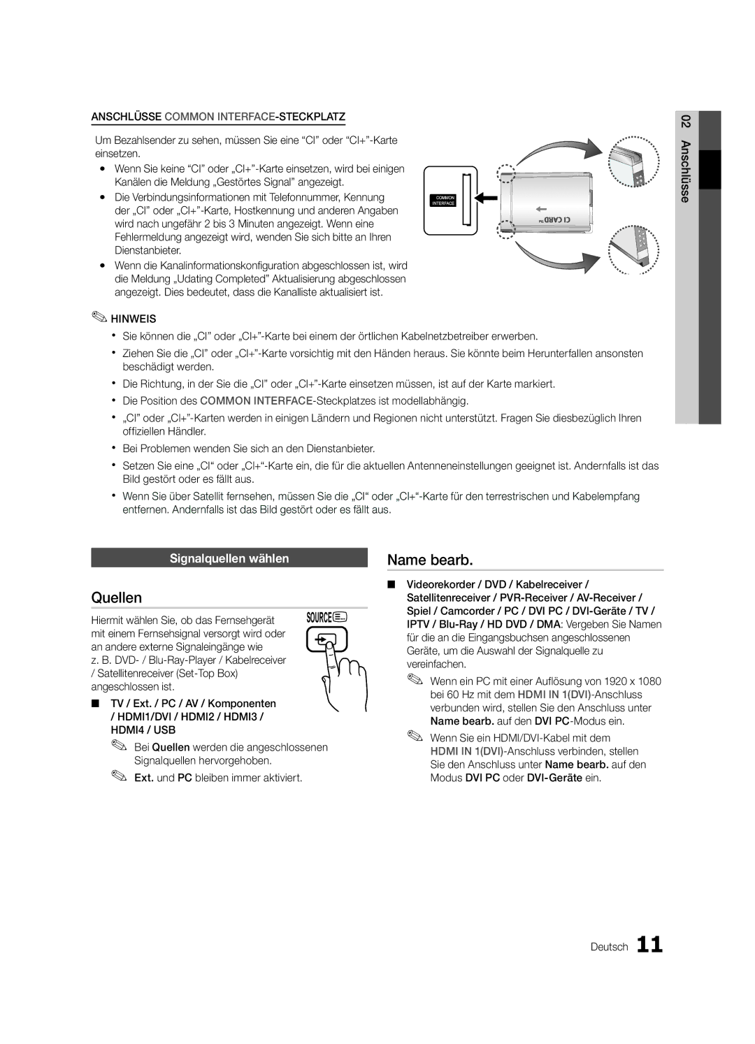 Samsung UE40C6880USXZG, UE32C6880USXZG manual Quellen, Name bearb, Signalquellen wählen 