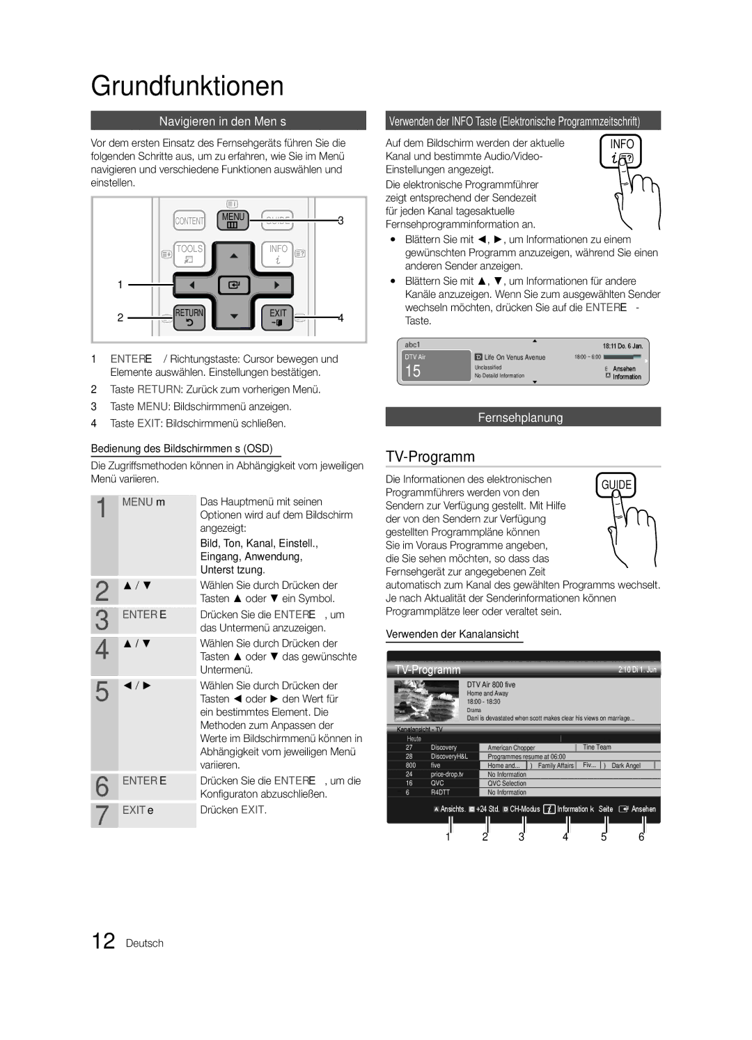 Samsung UE32C6880USXZG, UE40C6880USXZG manual Grundfunktionen, TV-Programm, Navigieren in den Menüs, Fernsehplanung 