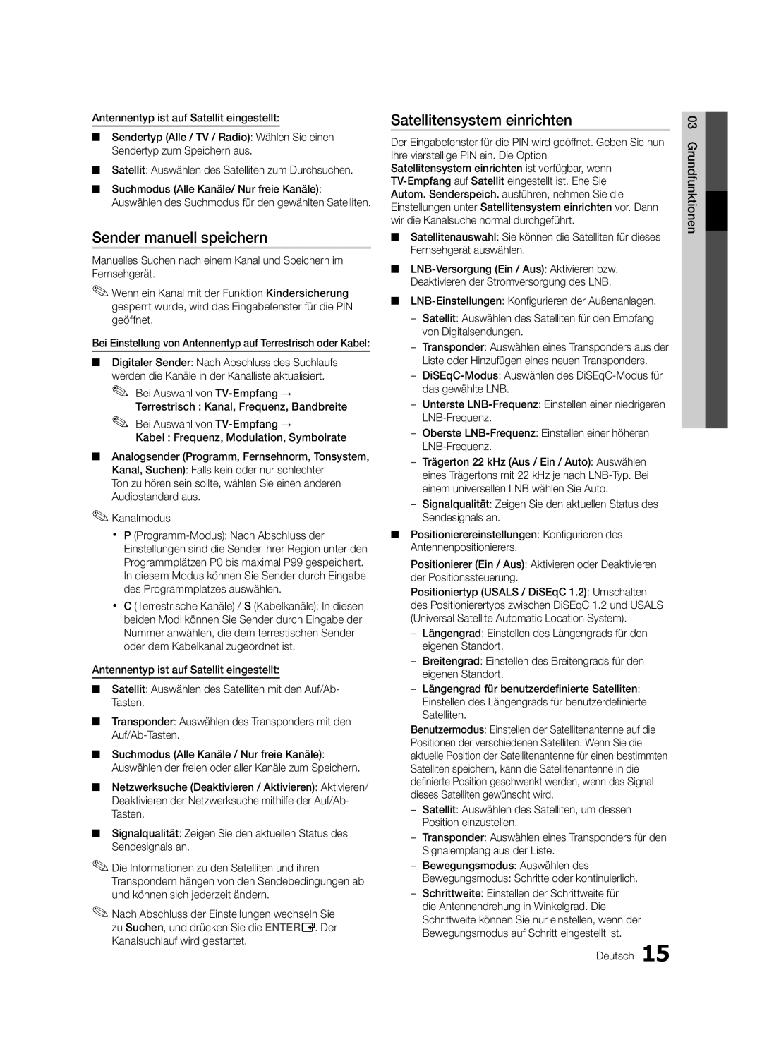 Samsung UE40C6880USXZG, UE32C6880USXZG manual Sender manuell speichern, Satellitensystem einrichten, Deutsch Grundfunktionen 