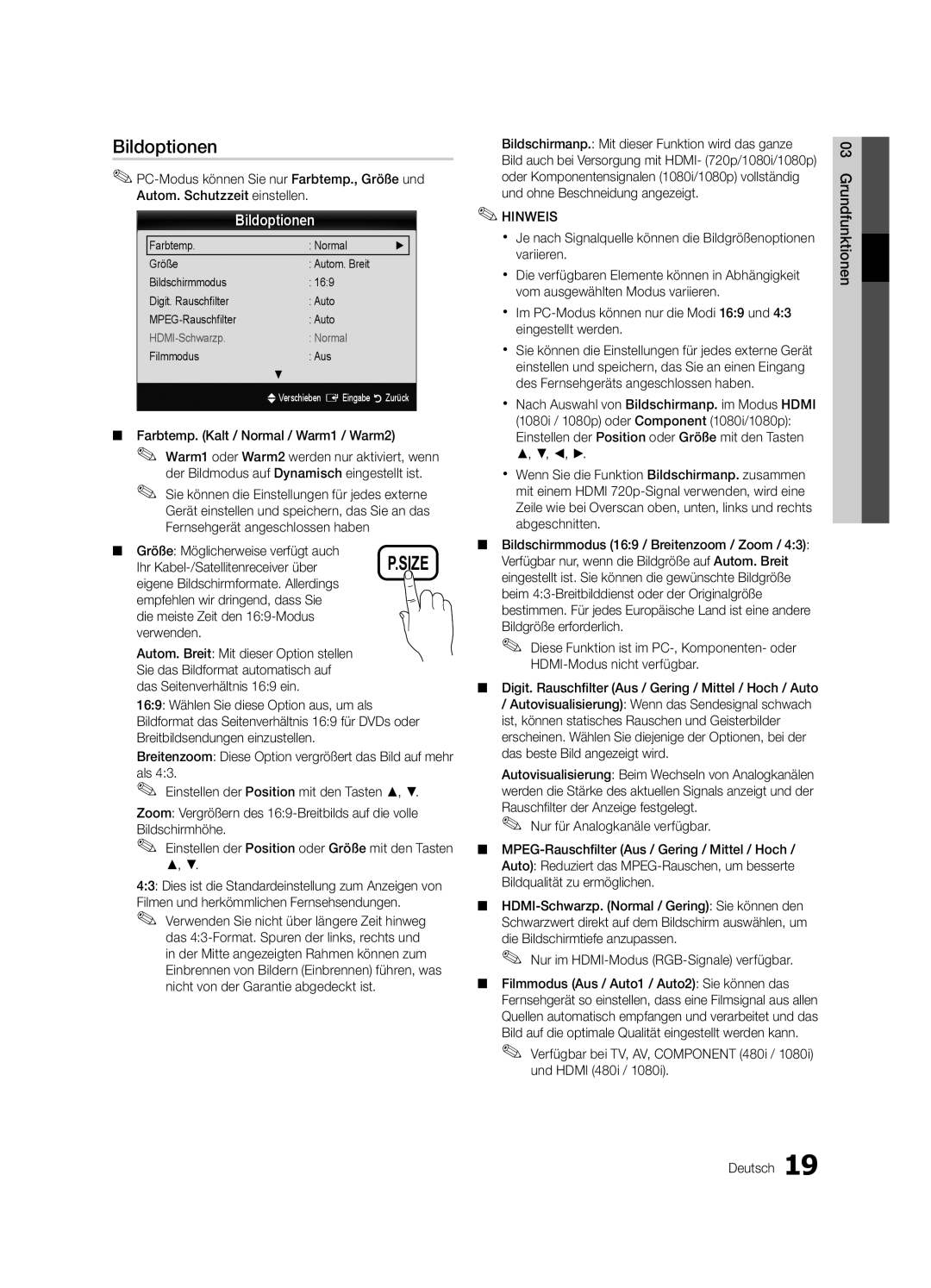 Samsung UE40C6880USXZG, UE32C6880USXZG manual Bildoptionen 