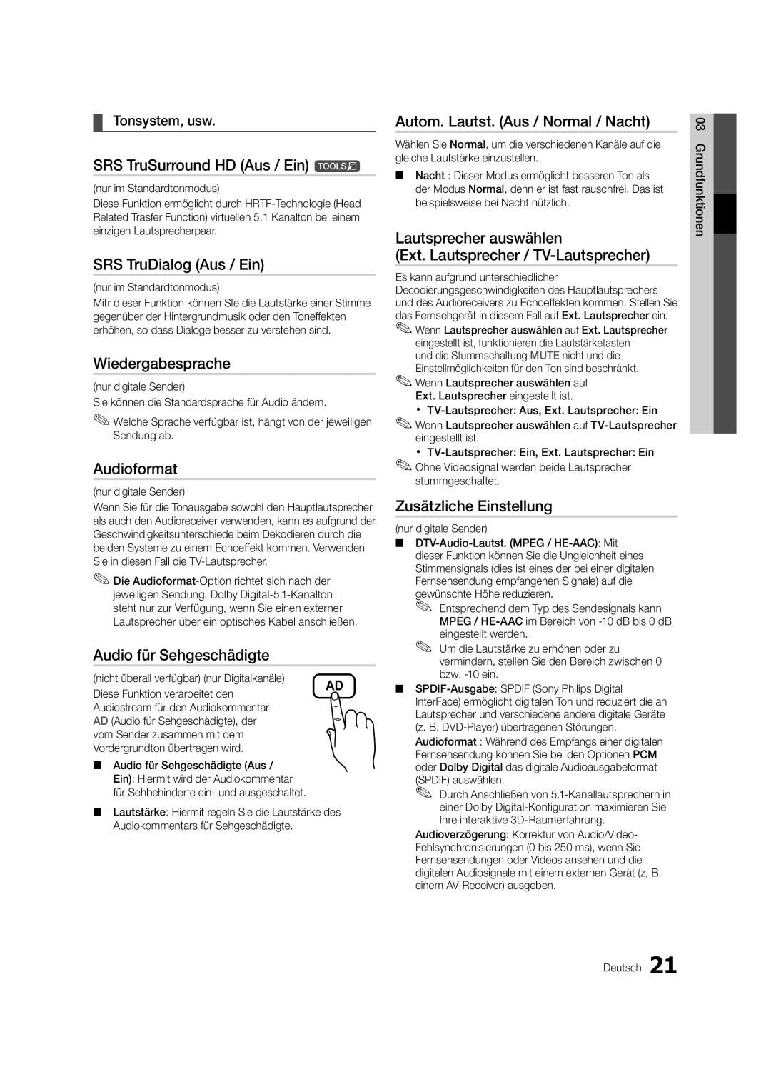 Samsung UE40C6880USXZG manual SRS TruSurround HD Aus / Ein t, SRS TruDialog Aus / Ein, Wiedergabesprache, Audioformat 