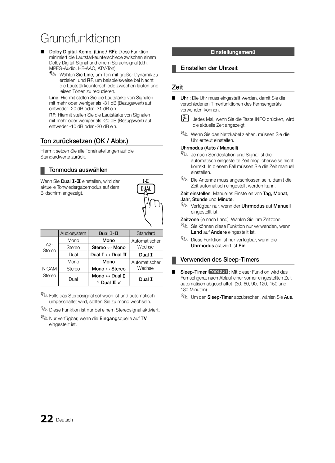 Samsung UE32C6880USXZG, UE40C6880USXZG manual Ton zurücksetzen OK / Abbr, Zeit, Tonmodus auswählen, Einstellen der Uhrzeit 