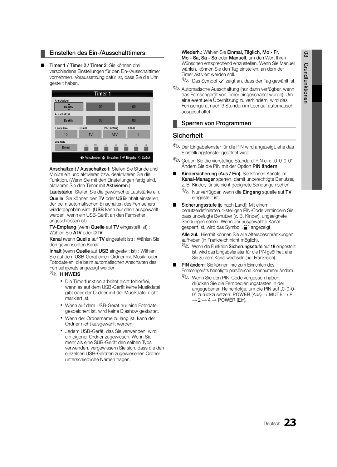 Samsung UE40C6880USXZG, UE32C6880USXZG manual Sicherheit, Einstellen des Ein-/Ausschalttimers, Sperren von Programmen 