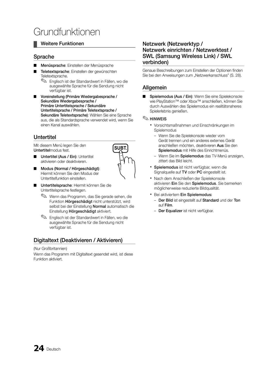 Samsung UE32C6880USXZG, UE40C6880USXZG manual Sprache, Untertitel, Digitaltext Deaktivieren / Aktivieren, Allgemein 