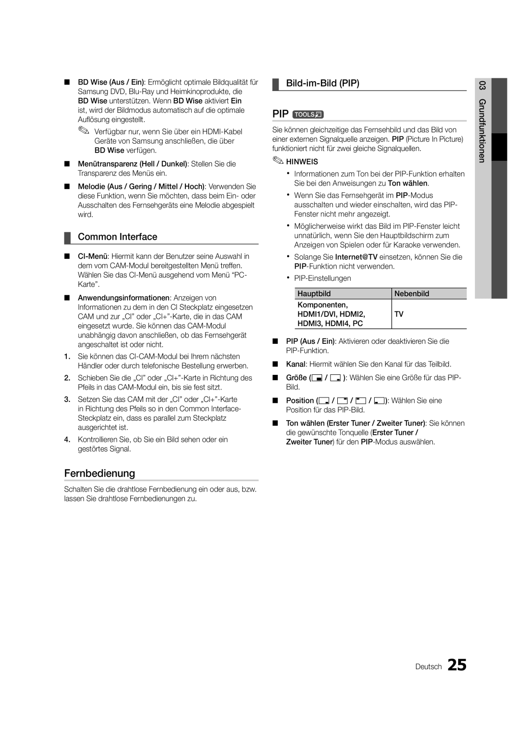 Samsung UE40C6880USXZG, UE32C6880USXZG manual Fernbedienung, Bild-im-Bild PIP 