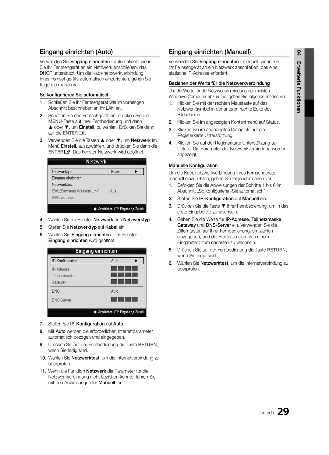 Samsung UE40C6880USXZG, UE32C6880USXZG manual Eingang einrichten Auto, Eingang einrichten Manuell, Netzwerk 