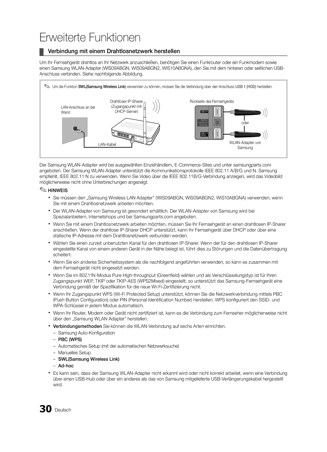 Samsung UE32C6880USXZG, UE40C6880USXZG manual Verbindung mit einem Drahtlosnetzwerk herstellen, Wand 