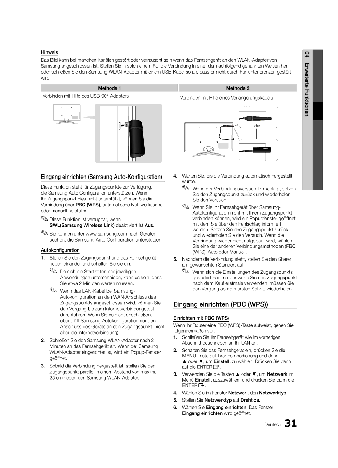 Samsung UE40C6880USXZG, UE32C6880USXZG manual Eingang einrichten PBC WPS, Eingang einrichten Samsung Auto-Konfiguration 