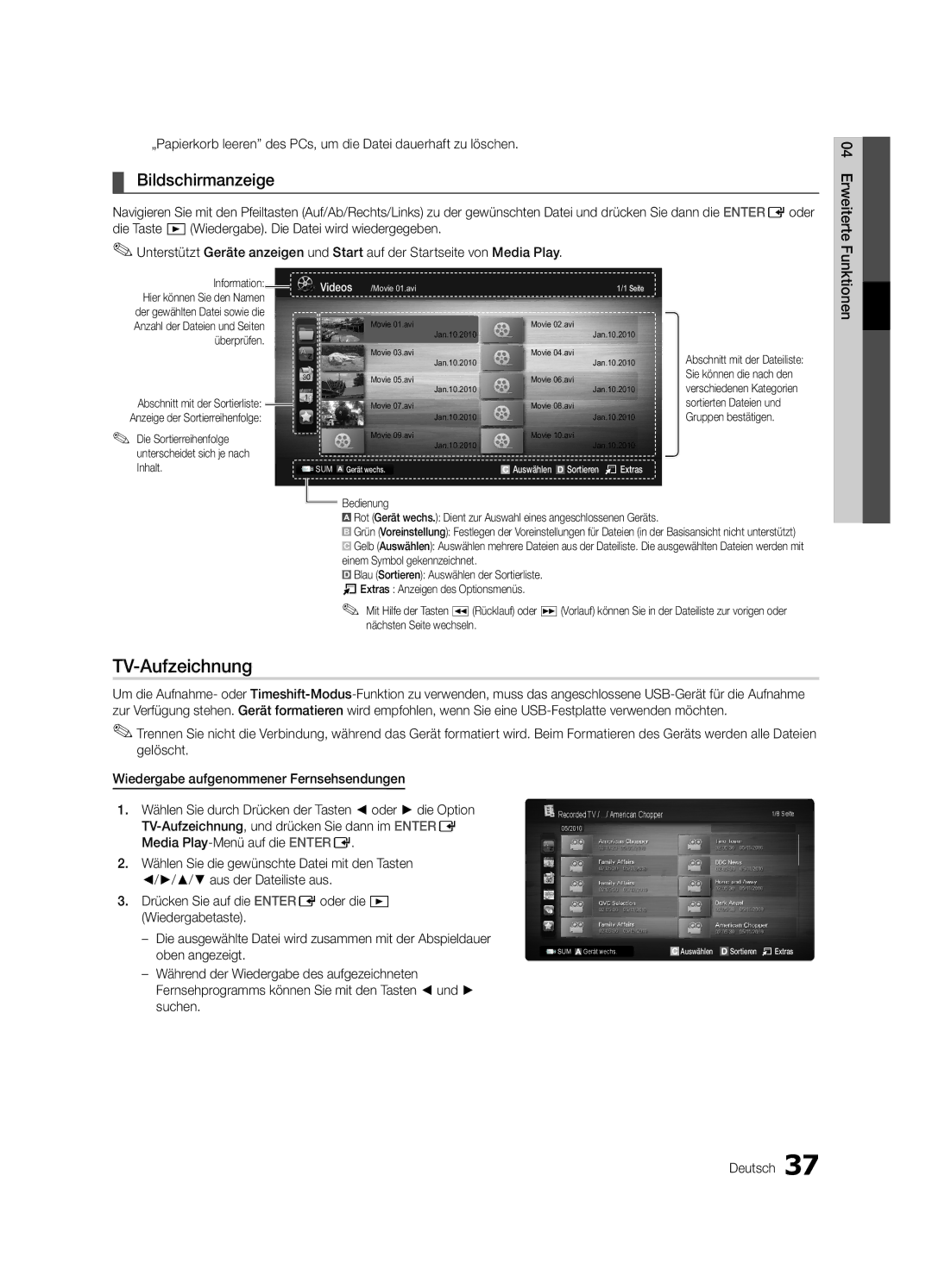 Samsung UE40C6880USXZG, UE32C6880USXZG manual TV-Aufzeichnung, Bildschirmanzeige, Funktionen 