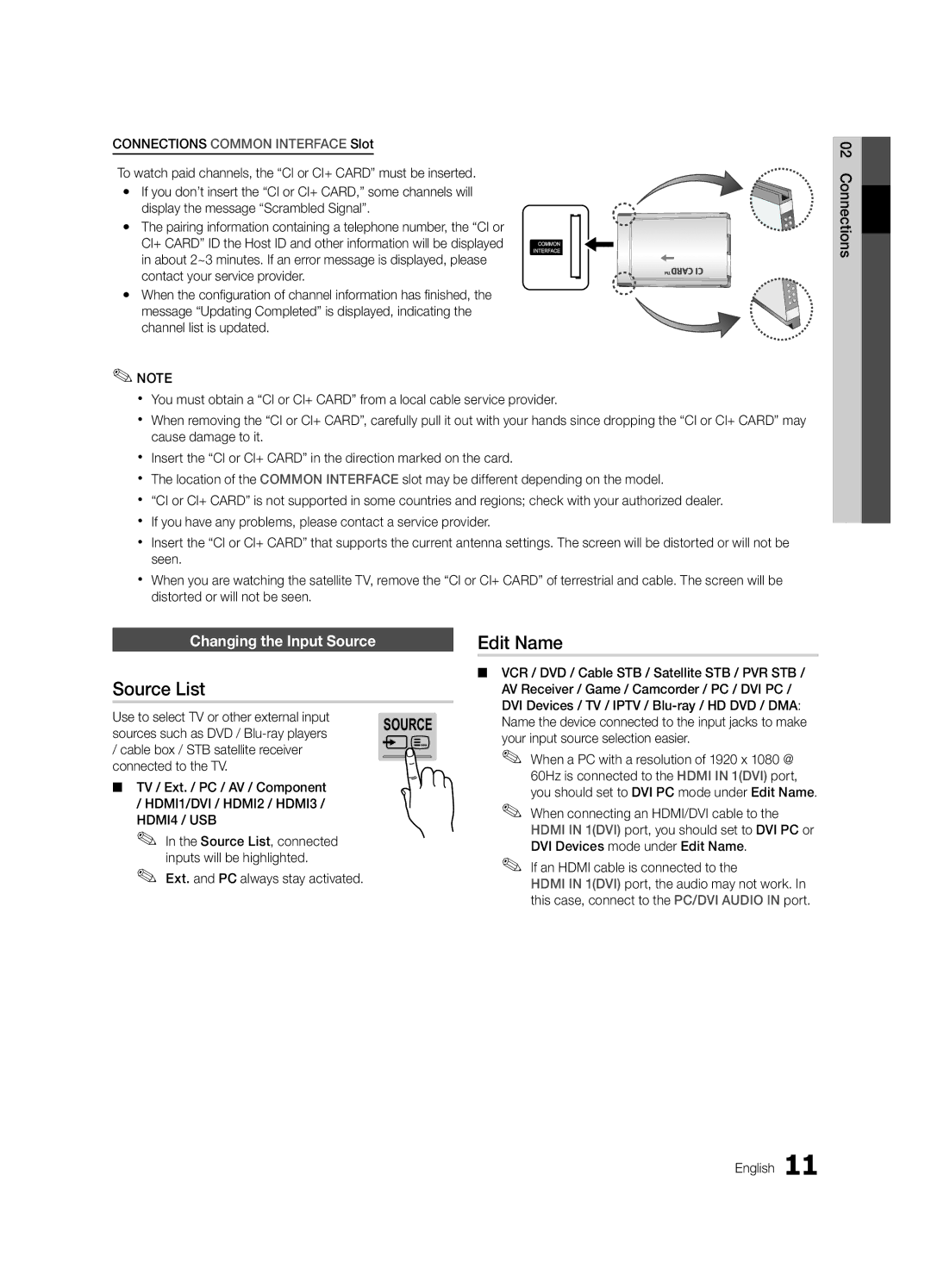 Samsung UE32C8780XSXZG manual Source List, Edit Name, Changing the Input Source, Use to select TV or other external input 