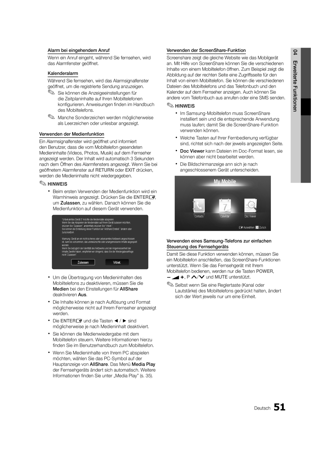 Samsung UE32C8780XSXZG, UE32C8700XSXXN, UE32C8790XSXZG Verwenden der Medienfunktion, Verwenden der ScreenShare-Funktion 