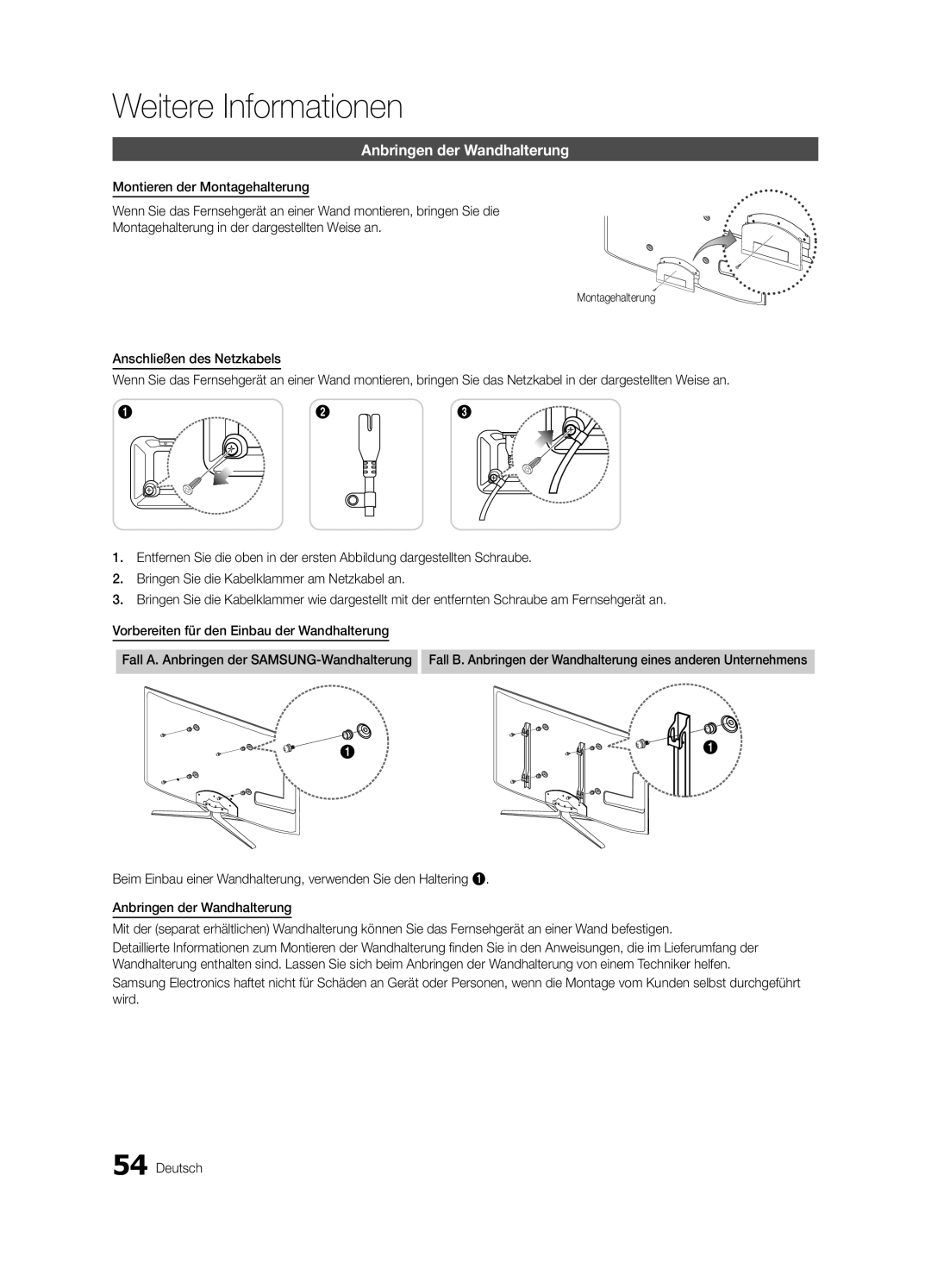 Samsung UE32C8780XSXZG, UE32C8700XSXXN, UE32C8790XSXZG manual Anbringen der Wandhalterung 