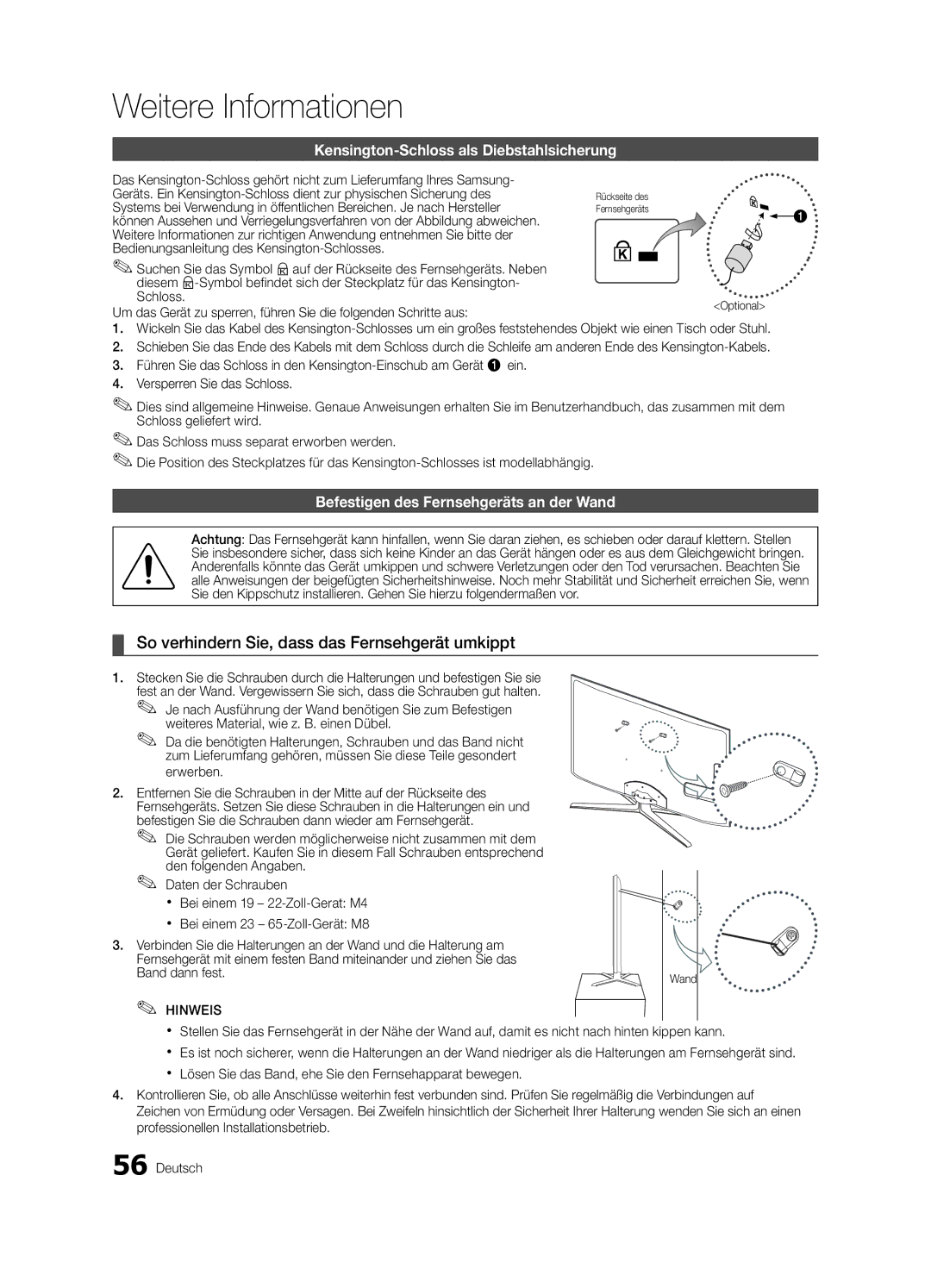 Samsung UE32C8790XSXZG manual So verhindern Sie, dass das Fernsehgerät umkippt, Kensington-Schloss als Diebstahlsicherung 