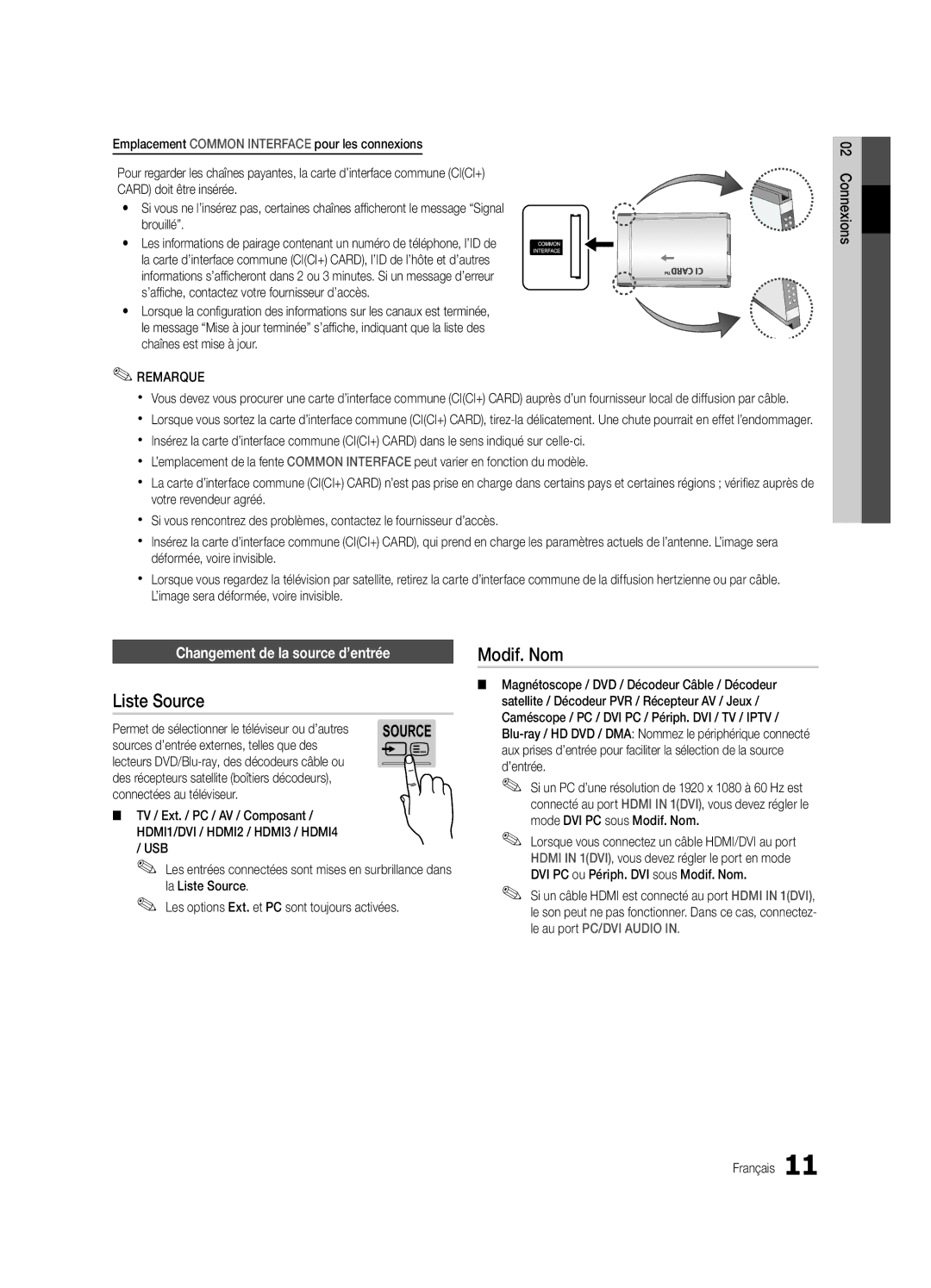 Samsung UE32C8700XSXXN, UE32C8790XSXZG, UE32C8780XSXZG manual Liste Source, Modif. Nom, Changement de la source d’entrée 