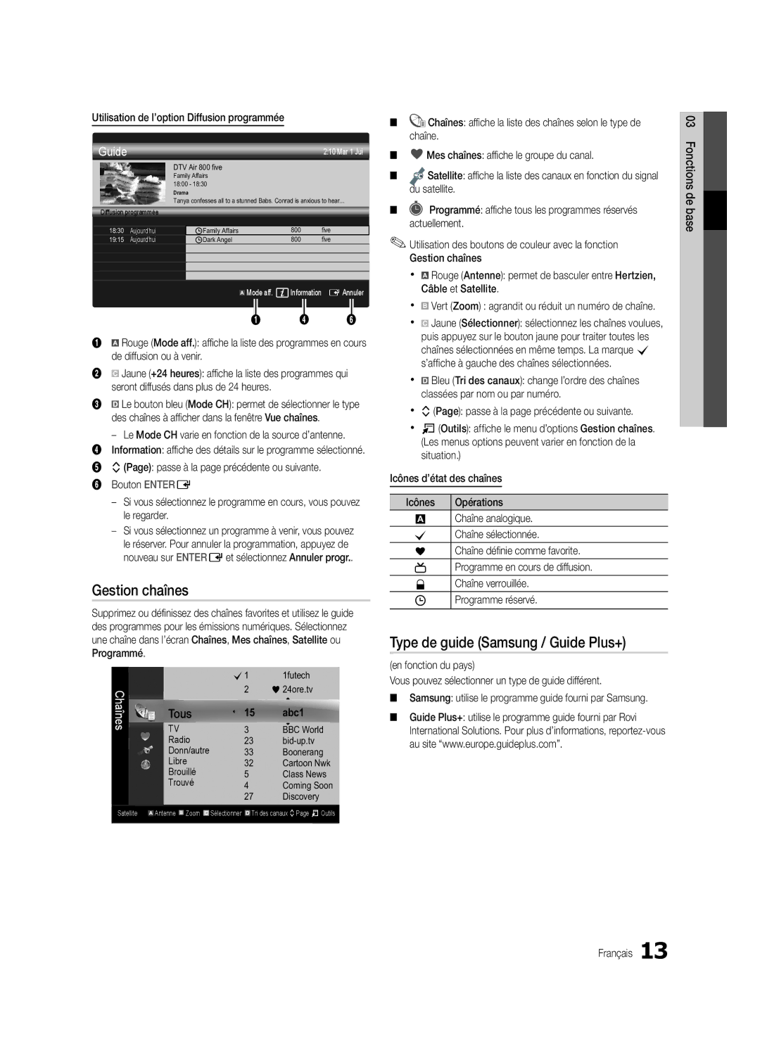 Samsung UE32C8780XSXZG Gestion chaînes, Type de guide Samsung / Guide Plus+, Utilisation de l’option Diffusion programmée 