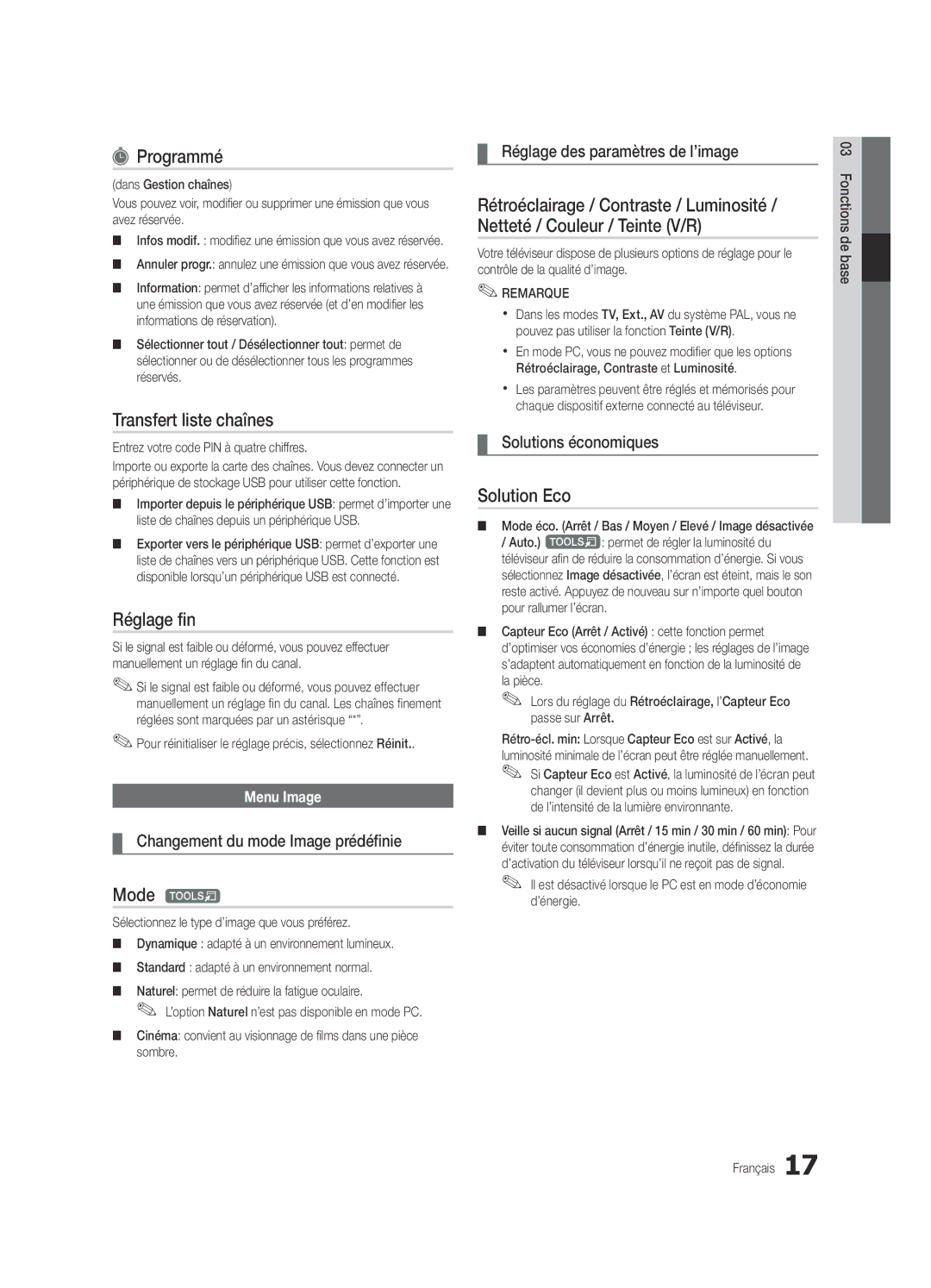 Samsung UE32C8700XSXXN, UE32C8790XSXZG, UE32C8780XSXZG manual Programmé, Transfert liste chaînes, Réglage fin, Solution Eco 