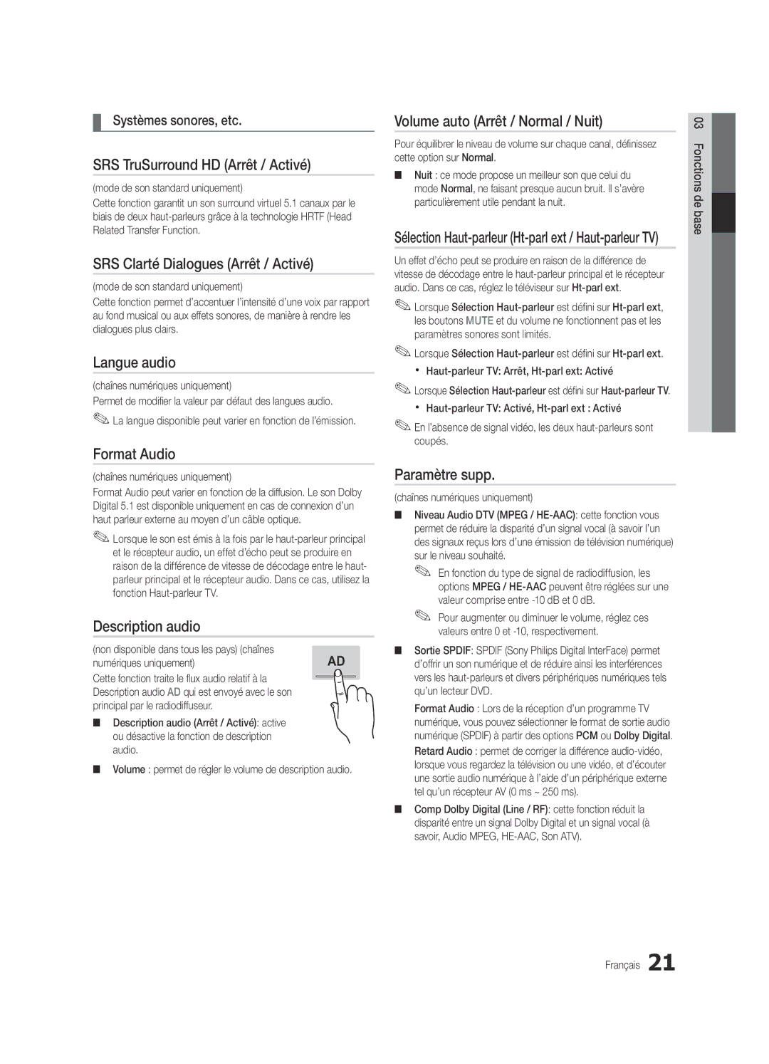 Samsung UE32C8790XSXZG SRS TruSurround HD Arrêt / Activé, SRS Clarté Dialogues Arrêt / Activé, Langue audio, Format Audio 