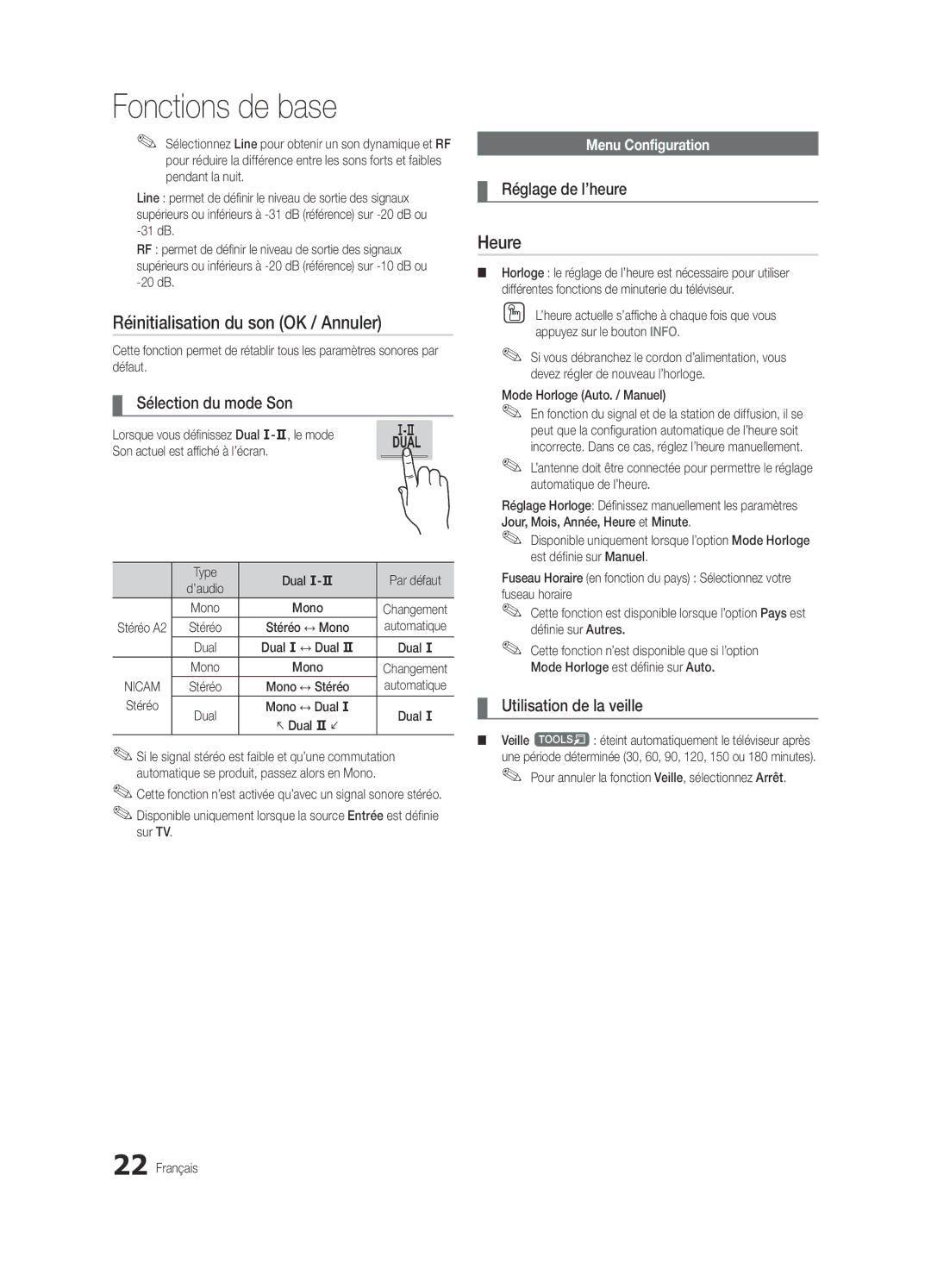 Samsung UE32C8780XSXZG manual Réinitialisation du son OK / Annuler, Heure, Sélection du mode Son, Réglage de l’heure 