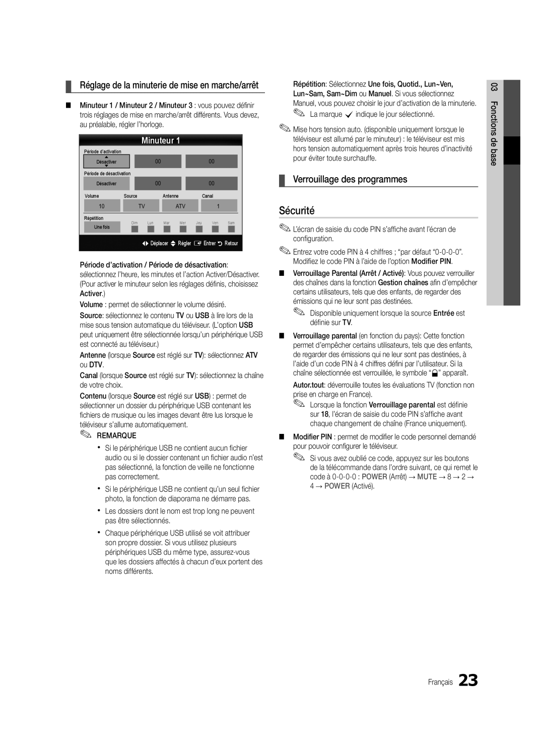 Samsung UE32C8700XSXXN manual Sécurité, Verrouillage des programmes, Minuteur, La marque cindique le jour sélectionné 