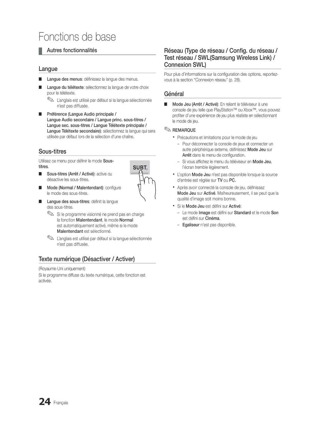 Samsung UE32C8790XSXZG, UE32C8700XSXXN, UE32C8780XSXZG Langue, Sous-titres, Texte numérique Désactiver / Activer, Général 