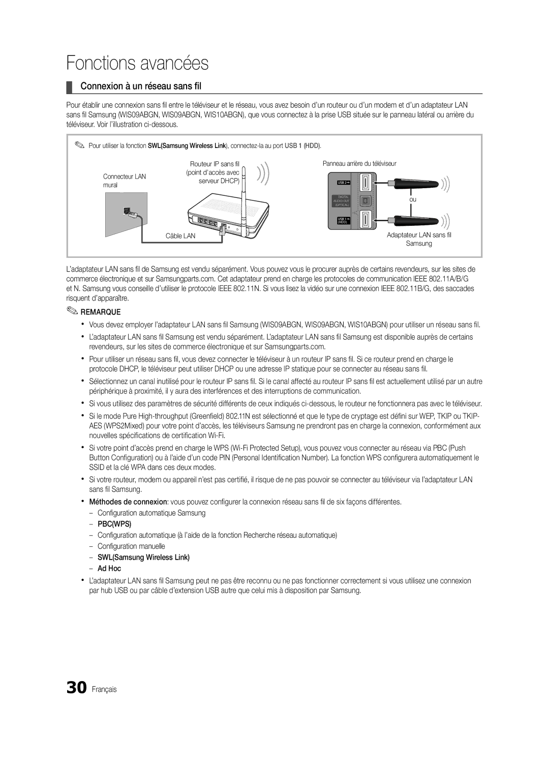 Samsung UE32C8790XSXZG, UE32C8700XSXXN, UE32C8780XSXZG manual Connexion à un réseau sans fil, Pbcwps 