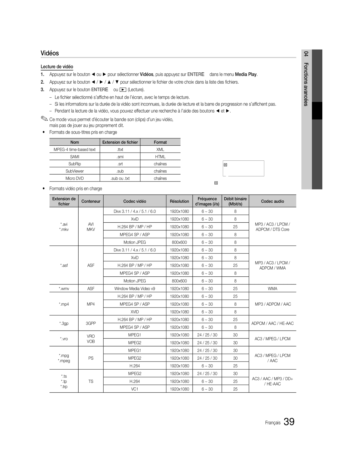 Samsung UE32C8790XSXZG Vidéos, Mais pas de jouer au jeu proprement dit, Yy Formats de sous-titres pris en charge, Nom 