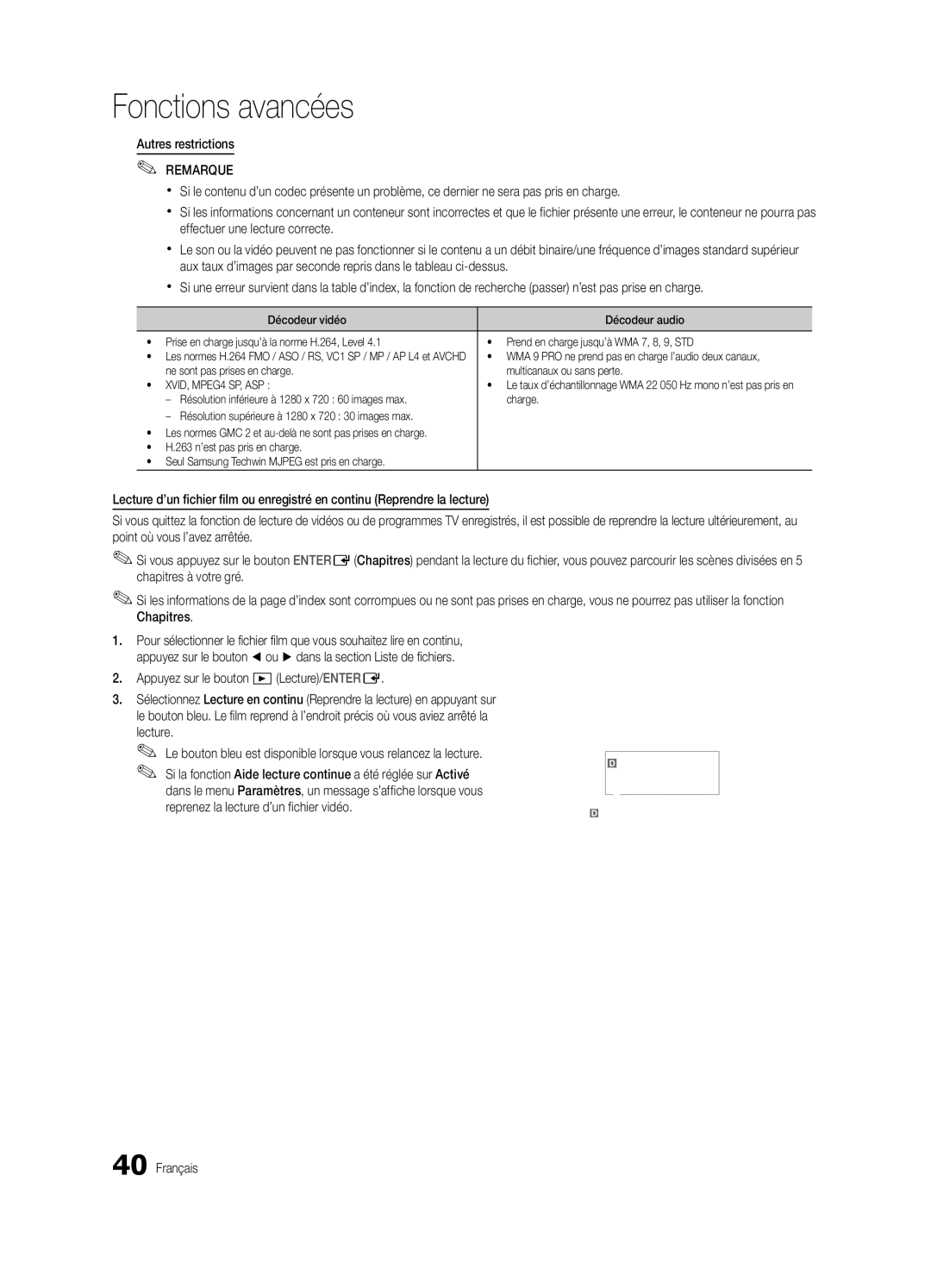 Samsung UE32C8780XSXZG, UE32C8700XSXXN, UE32C8790XSXZG manual Autres restrictions, Appuyez sur le bouton Lecture/ENTERE 