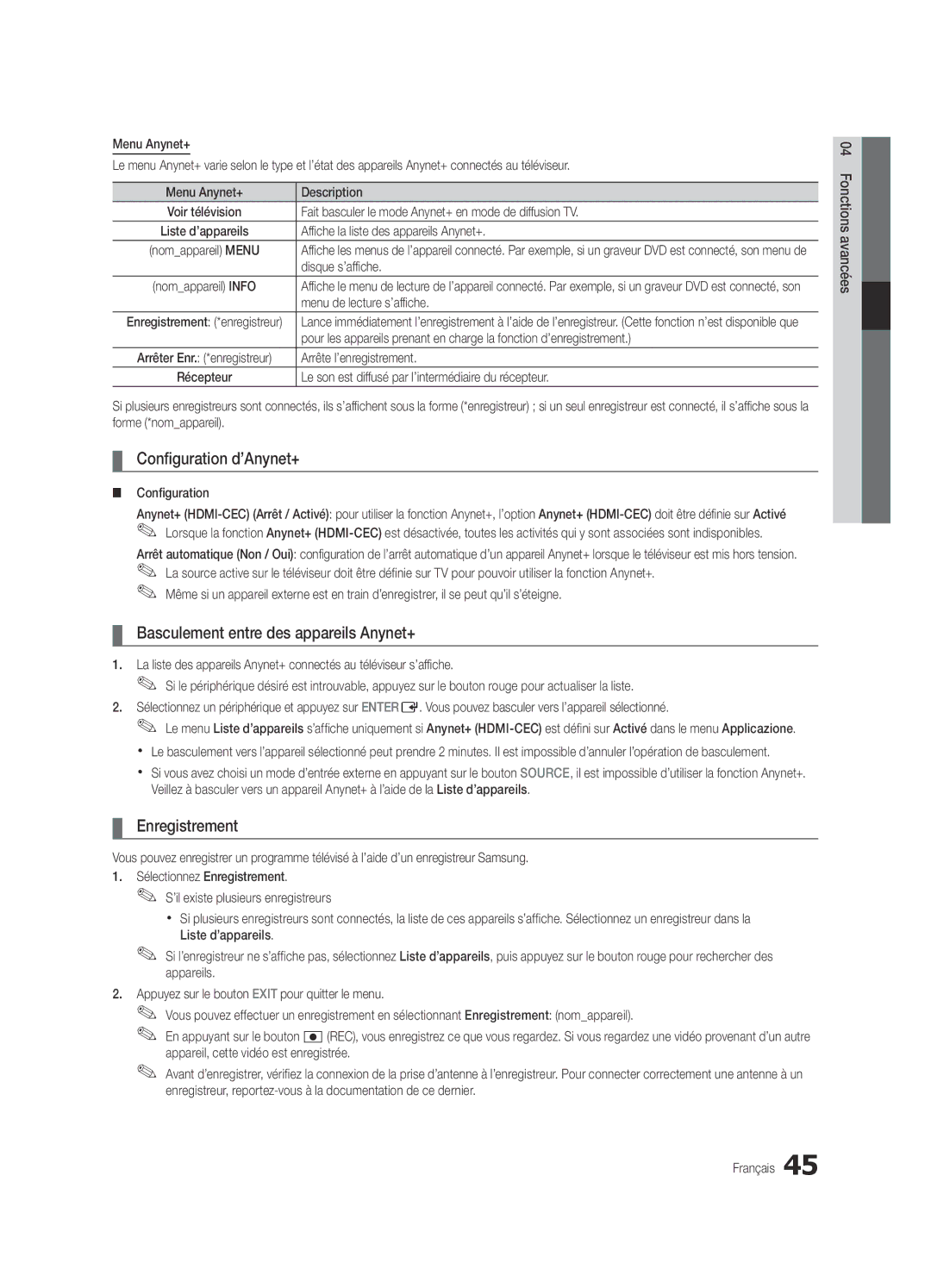 Samsung UE32C8790XSXZG, UE32C8700XSXXN Configuration d’Anynet+, Basculement entre des appareils Anynet+, Enregistrement 