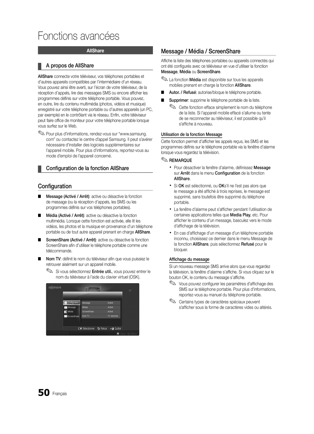 Samsung UE32C8700XSXXN manual Message / Média / ScreenShare, Propos de AllShare, Configuration de la fonction AllShare 