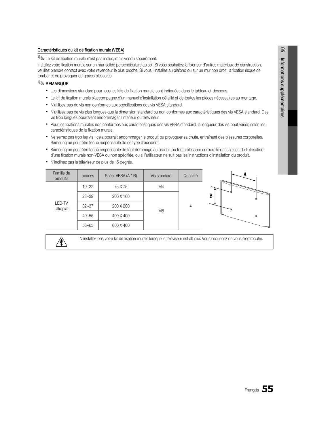 Samsung UE32C8780XSXZG, UE32C8700XSXXN manual Xx N’inclinez pas le téléviseur de plus de 15 degrés, Quantité, 19~22, 40~55 