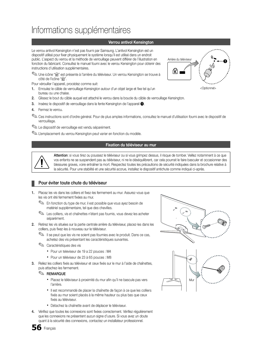 Samsung UE32C8700XSXXN Pour éviter toute chute du téléviseur, Verrou antivol Kensington, Fixation du téléviseur au mur 