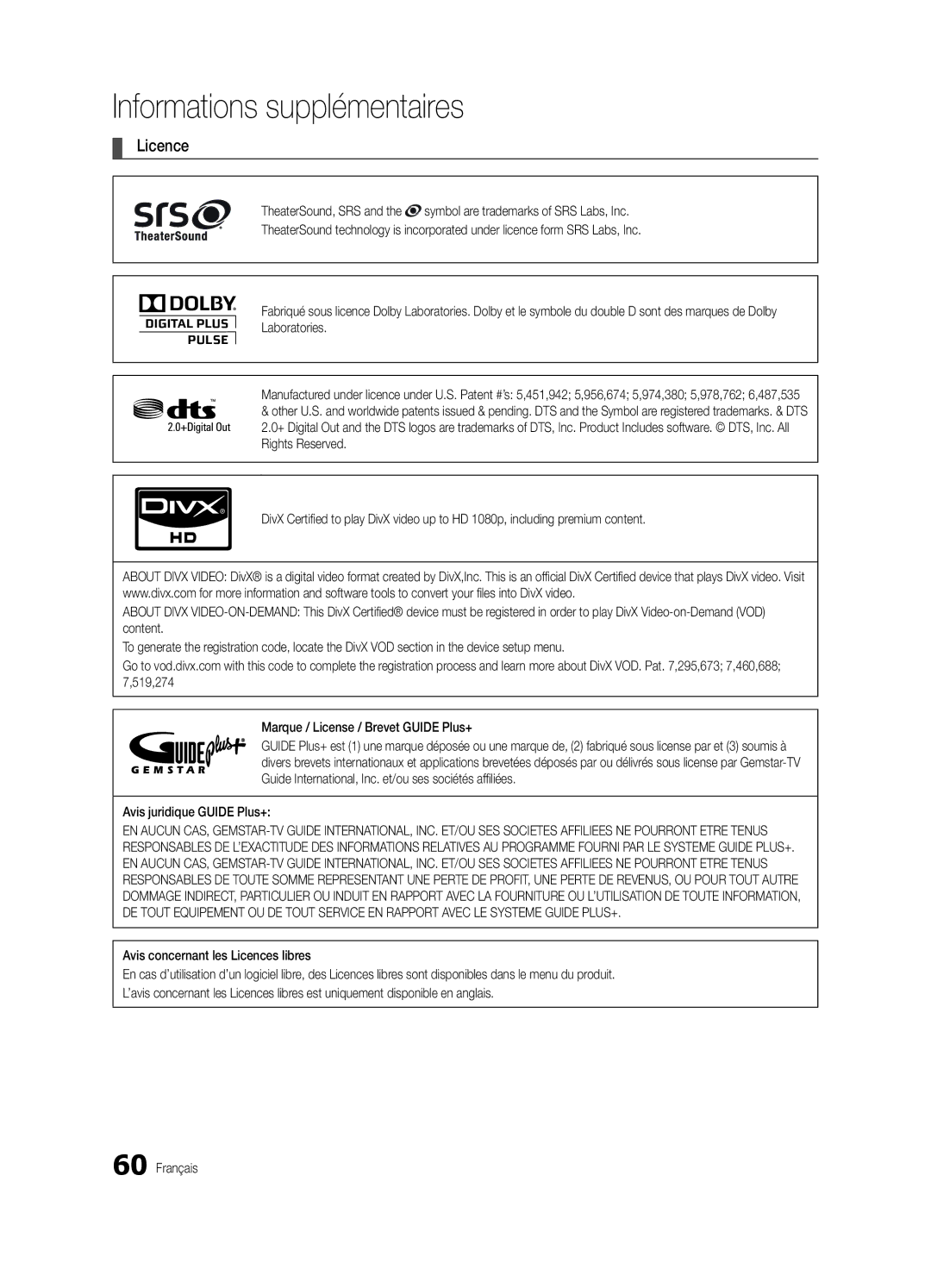 Samsung UE32C8790XSXZG, UE32C8700XSXXN, UE32C8780XSXZG manual Licence, Avis juridique Guide Plus+ 