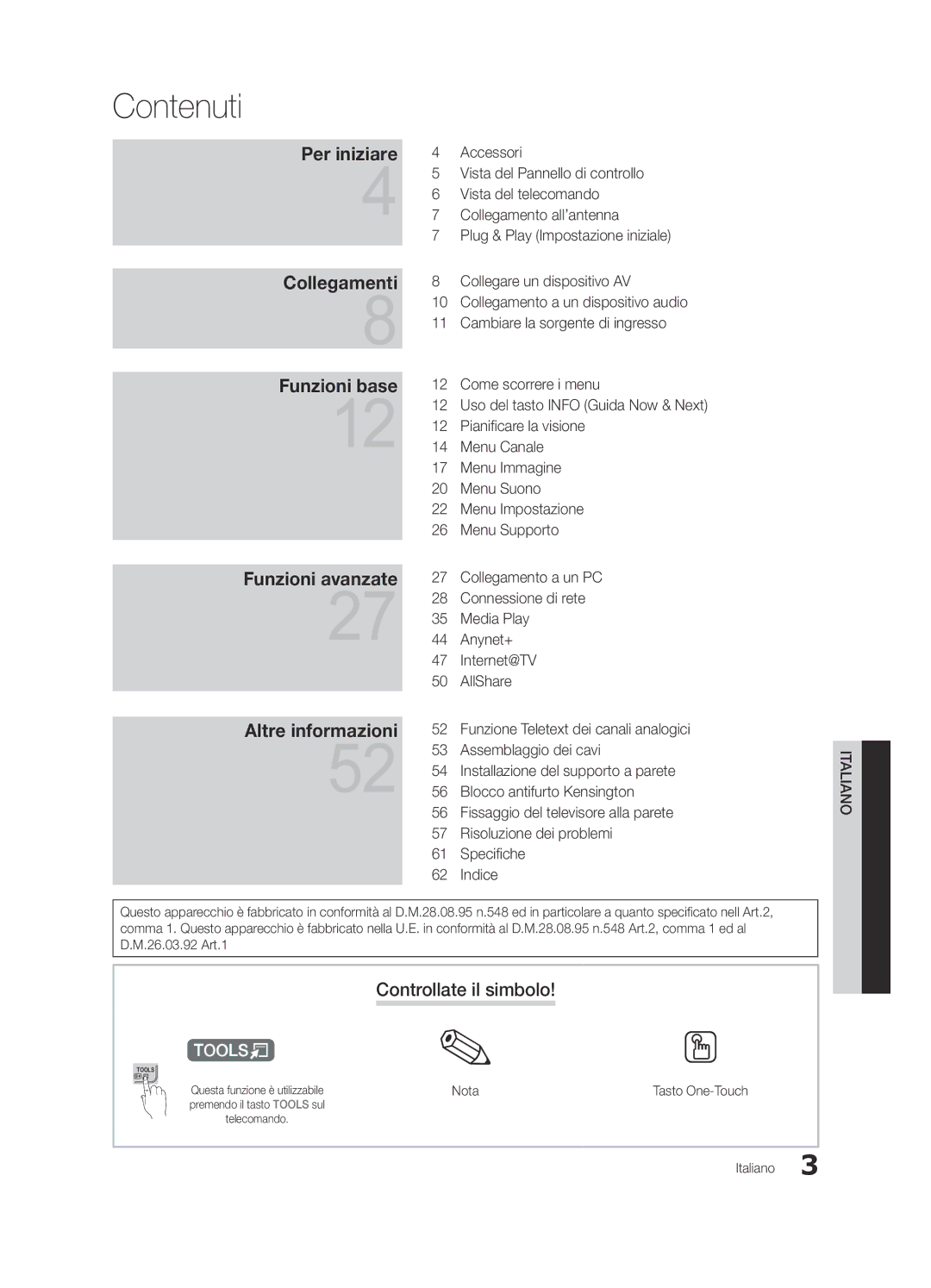 Samsung UE32C8700XSXXN, UE32C8790XSXZG, UE32C8780XSXZG manual Contenuti, Controllate il simbolo 