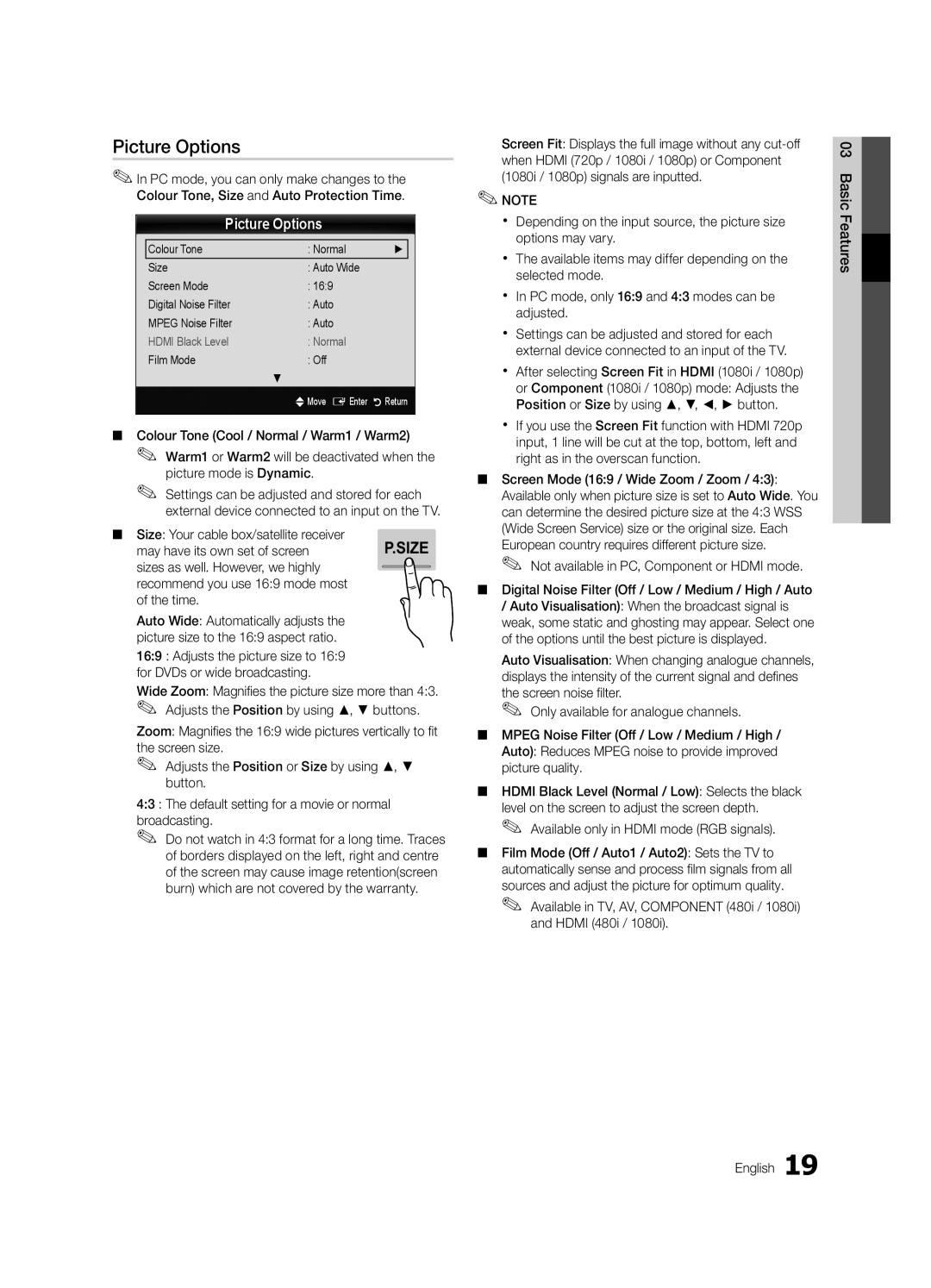 Samsung UE32C8790XSXZG manual Picture Options, Size Your cable box/satellite receiver, May have its own set of screen 