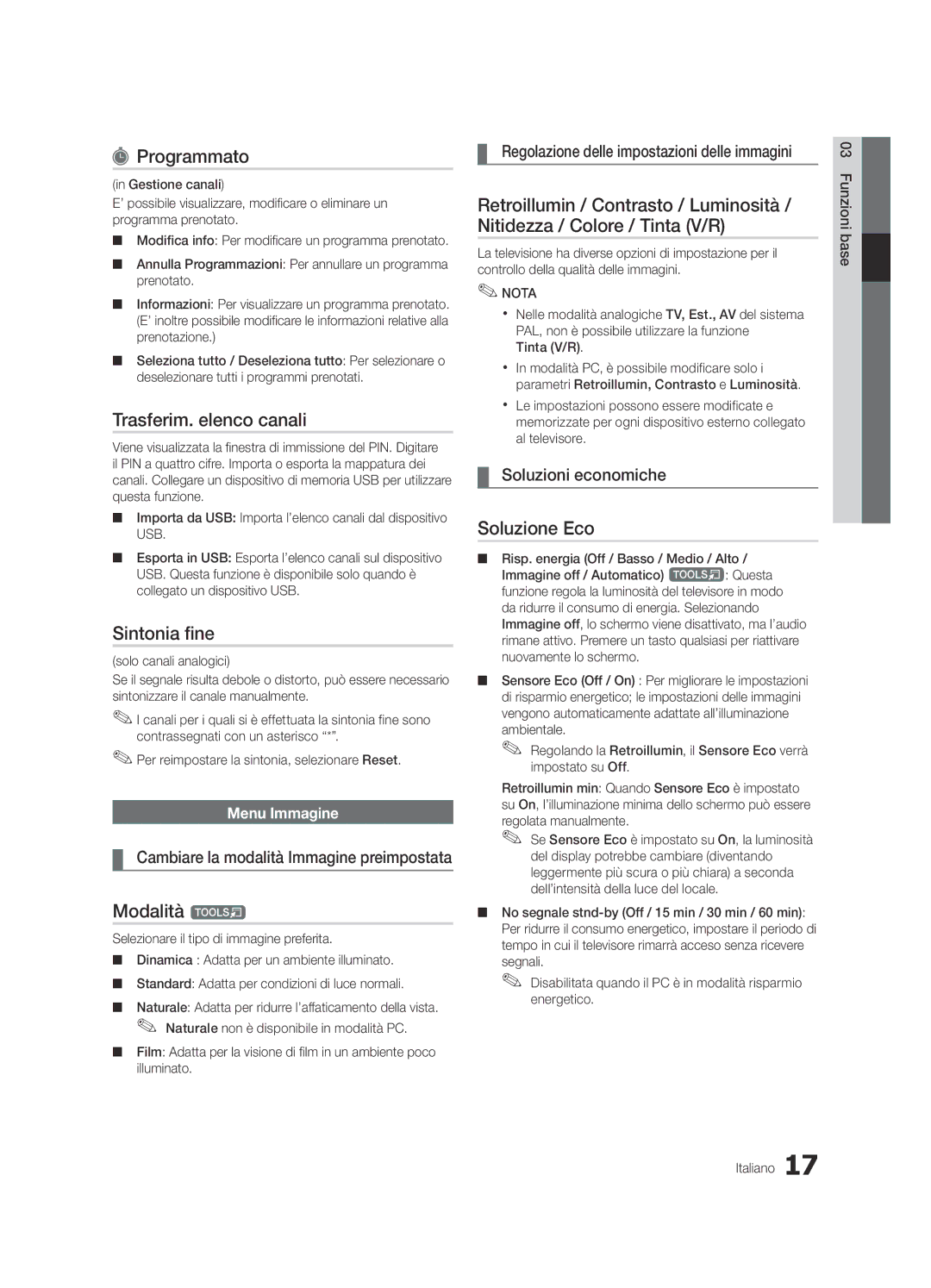 Samsung UE32C8780XSXZG, UE32C8700XSXXN Programmato, Trasferim. elenco canali, Sintonia fine, Modalità t, Soluzione Eco 