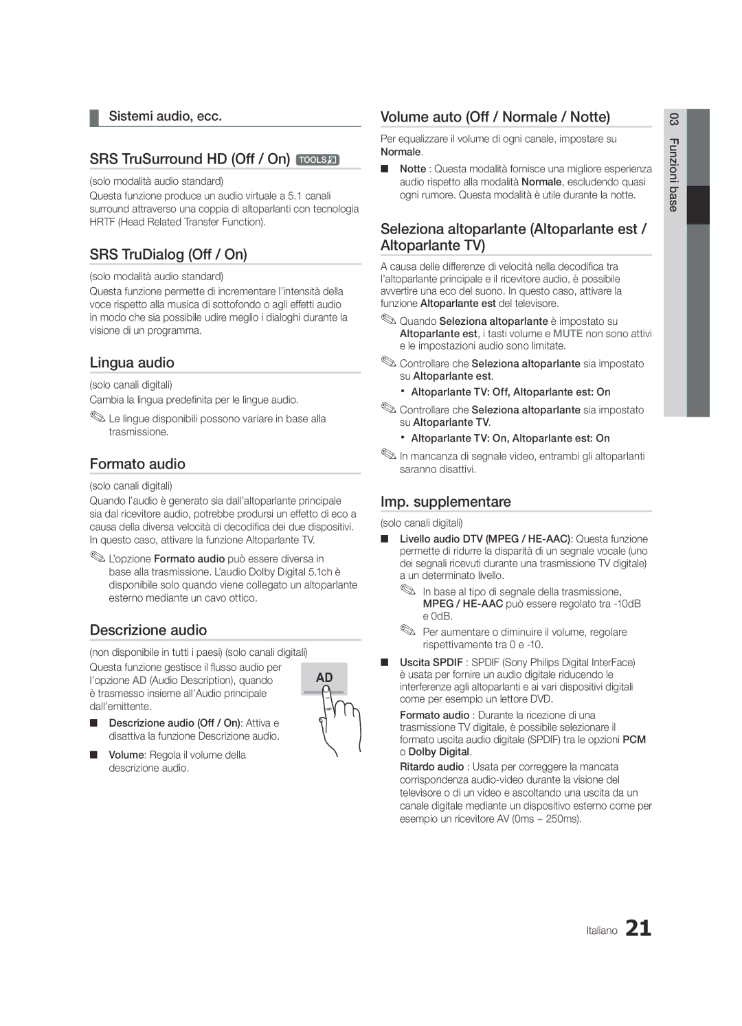 Samsung UE32C8700XSXXN SRS TruSurround HD Off / On t, Lingua audio, Formato audio, Descrizione audio, Imp. supplementare 