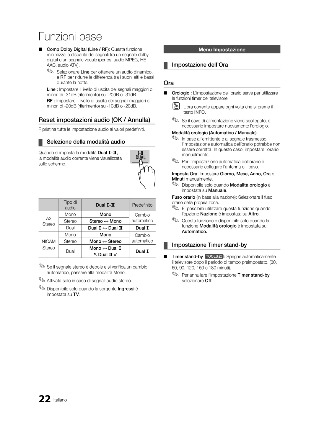 Samsung UE32C8790XSXZG Reset impostazioni audio OK / Annulla, Selezione della modalità audio, Impostazione dell’Ora 