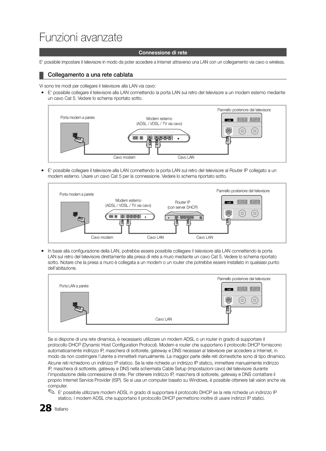 Samsung UE32C8790XSXZG manual Collegamento a una rete cablata, Connessione di rete, Porta modem a parete, Cavo LAN 