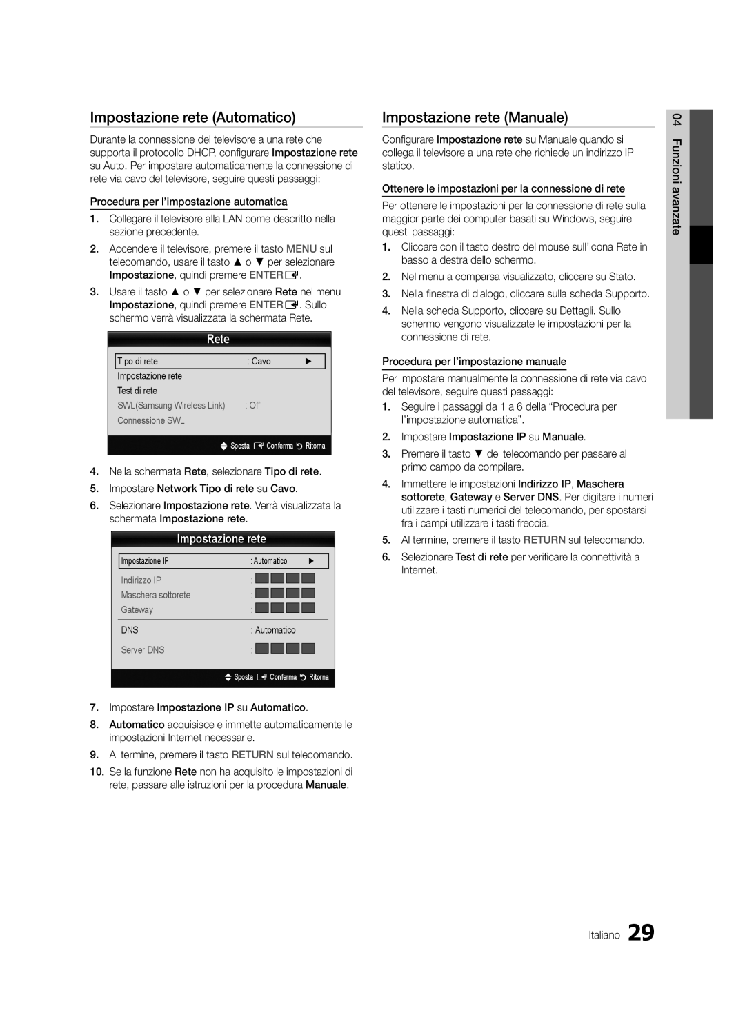 Samsung UE32C8780XSXZG, UE32C8700XSXXN, UE32C8790XSXZG manual Impostazione rete Automatico, Impostazione rete Manuale, Rete 