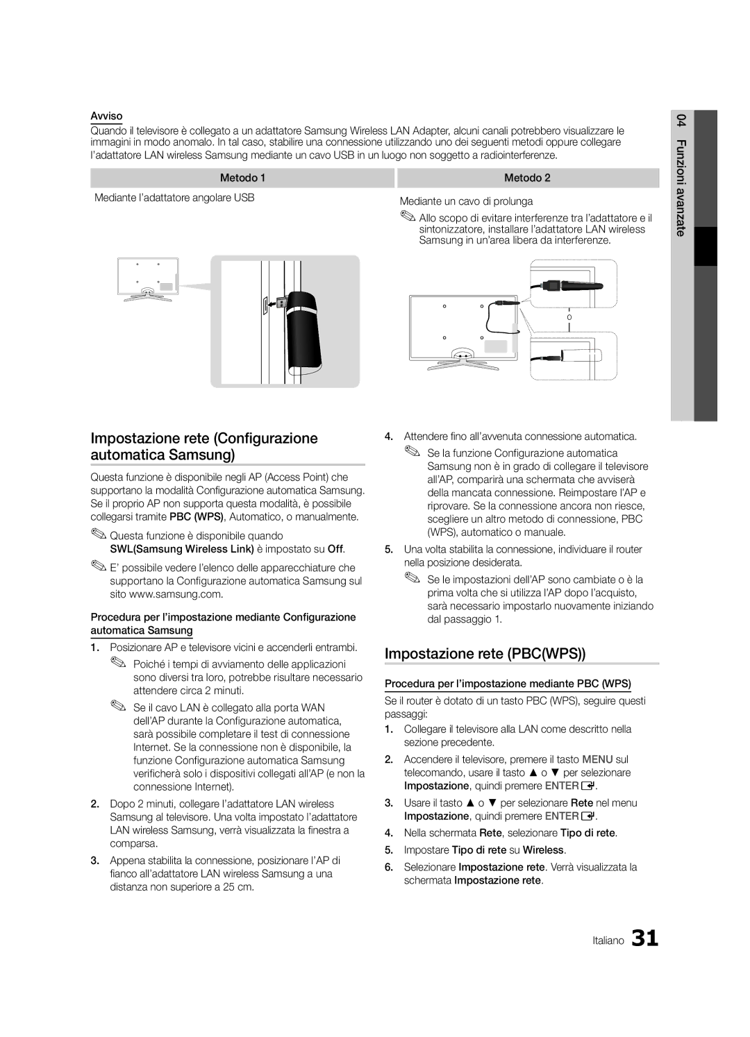 Samsung UE32C8790XSXZG, UE32C8700XSXXN manual Impostazione rete Pbcwps, Avviso, Samsung in un’area libera da interferenze 