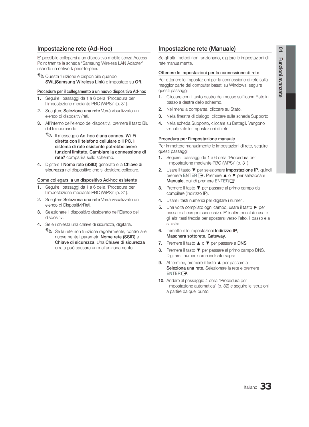 Samsung UE32C8700XSXXN, UE32C8790XSXZG manual Impostazione rete Ad-Hoc, Come collegarsi a un dispositivo Ad-hoc esistente 