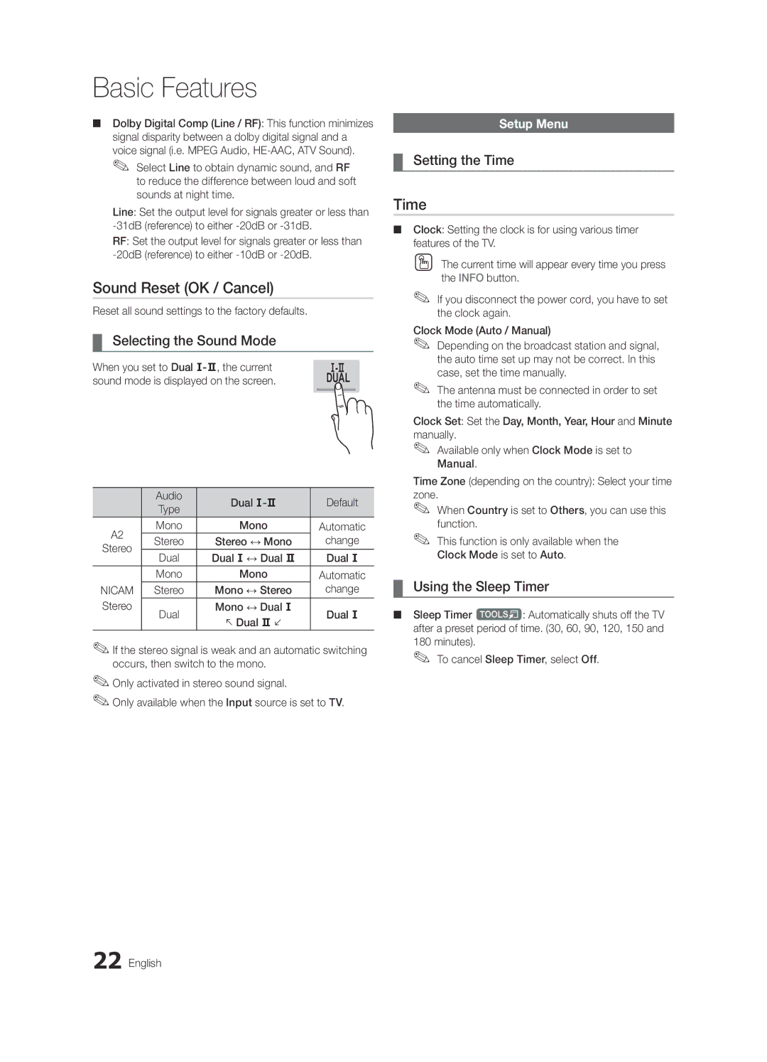 Samsung UE32C8790XSXZG Sound Reset OK / Cancel, Selecting the Sound Mode, Setting the Time, Using the Sleep Timer 