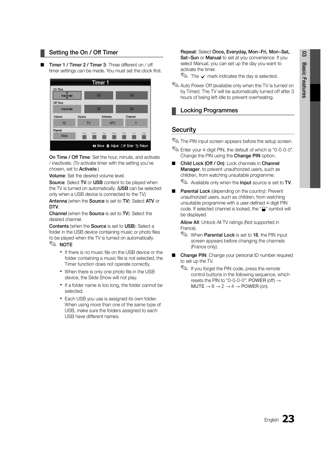 Samsung UE32C8780XSXZG, UE32C8700XSXXN, UE32C8790XSXZG manual Security, Setting the On / Off Timer, Locking Programmes 