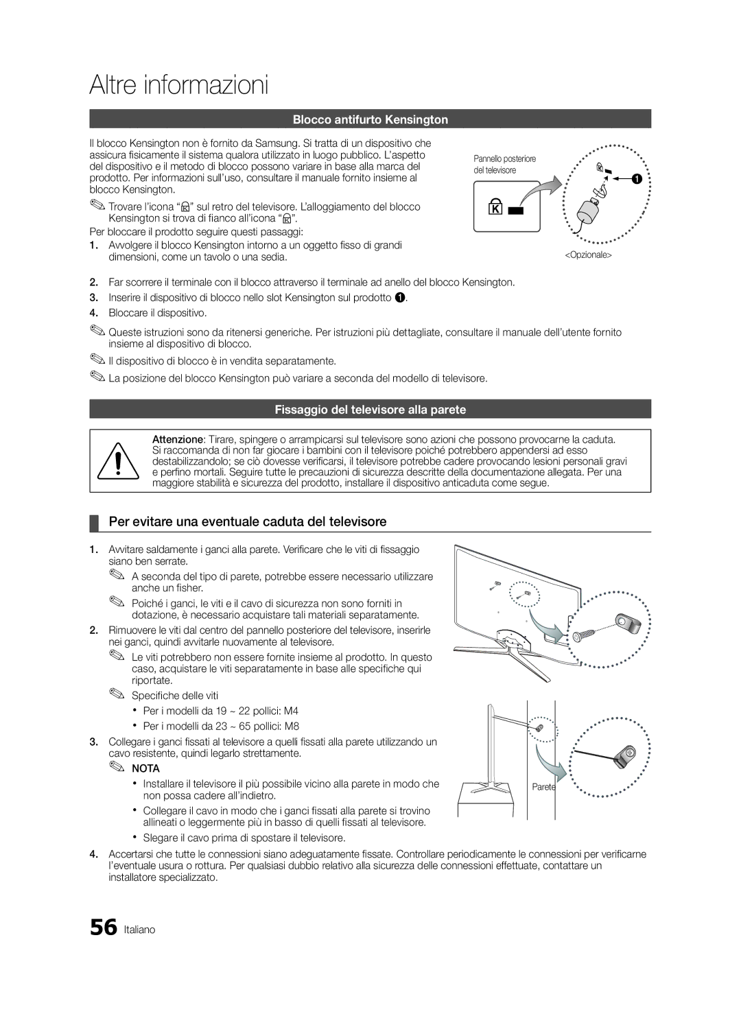 Samsung UE32C8780XSXZG, UE32C8700XSXXN manual Per evitare una eventuale caduta del televisore, Blocco antifurto Kensington 