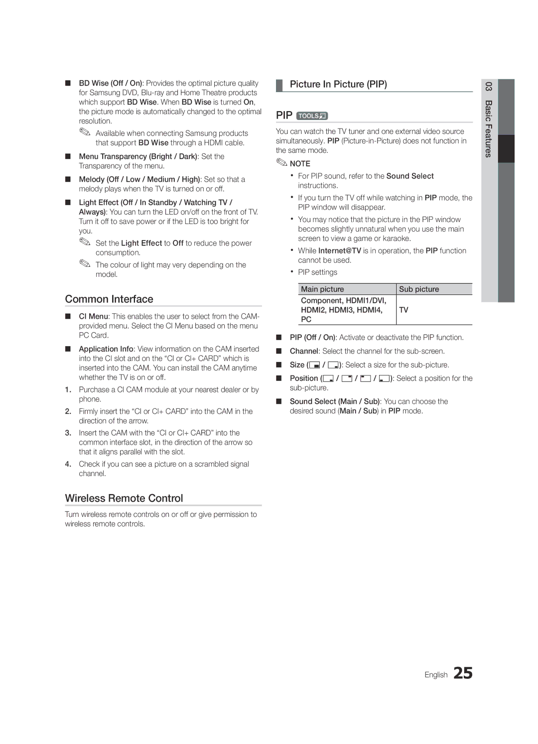 Samsung UE32C8790XSXZG, UE32C8700XSXXN manual Common Interface, Wireless Remote Control, PIP t, Picture In Picture PIP 