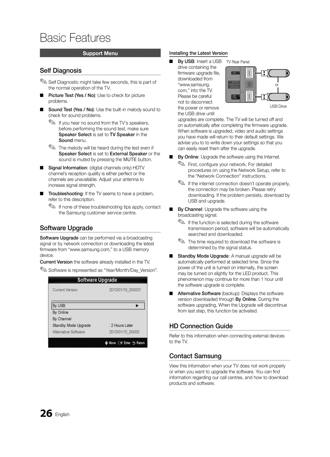 Samsung UE32C8780XSXZG, UE32C8700XSXXN manual Self Diagnosis, Software Upgrade, HD Connection Guide, Contact Samsung 