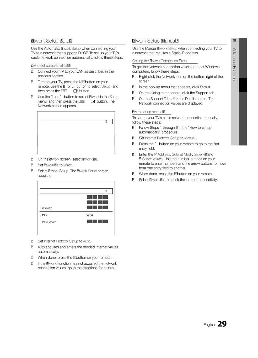 Samsung UE32C8780XSXZG manual Network Setup Auto, Network Setup Manual, Network Type Wired Network Setup Network Test 