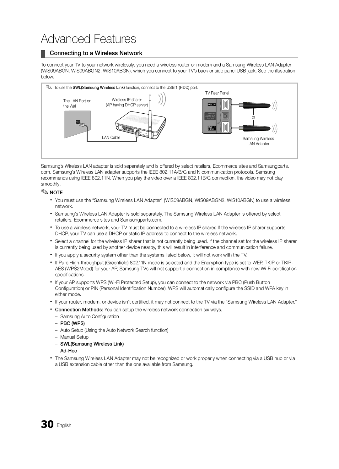 Samsung UE32C8700XSXXN, UE32C8790XSXZG, UE32C8780XSXZG manual Connecting to a Wireless Network, Wall 