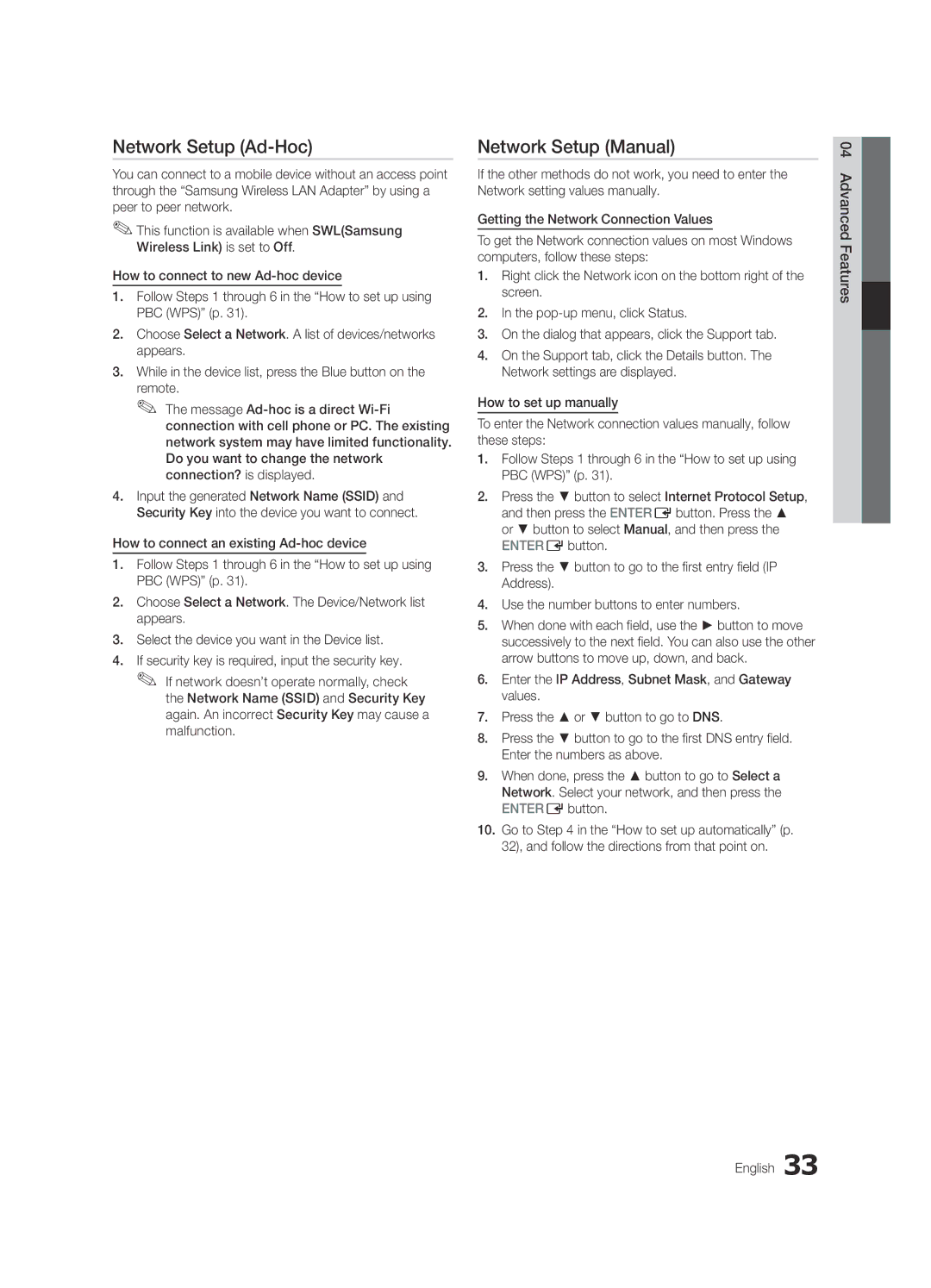 Samsung UE32C8700XSXXN, UE32C8790XSXZG, UE32C8780XSXZG manual Network Setup Ad-Hoc, Advanced Features English 